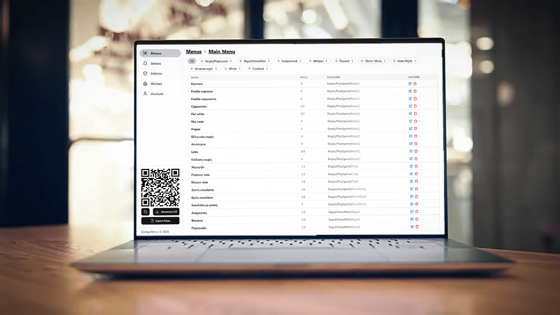 KosTap Menu interface